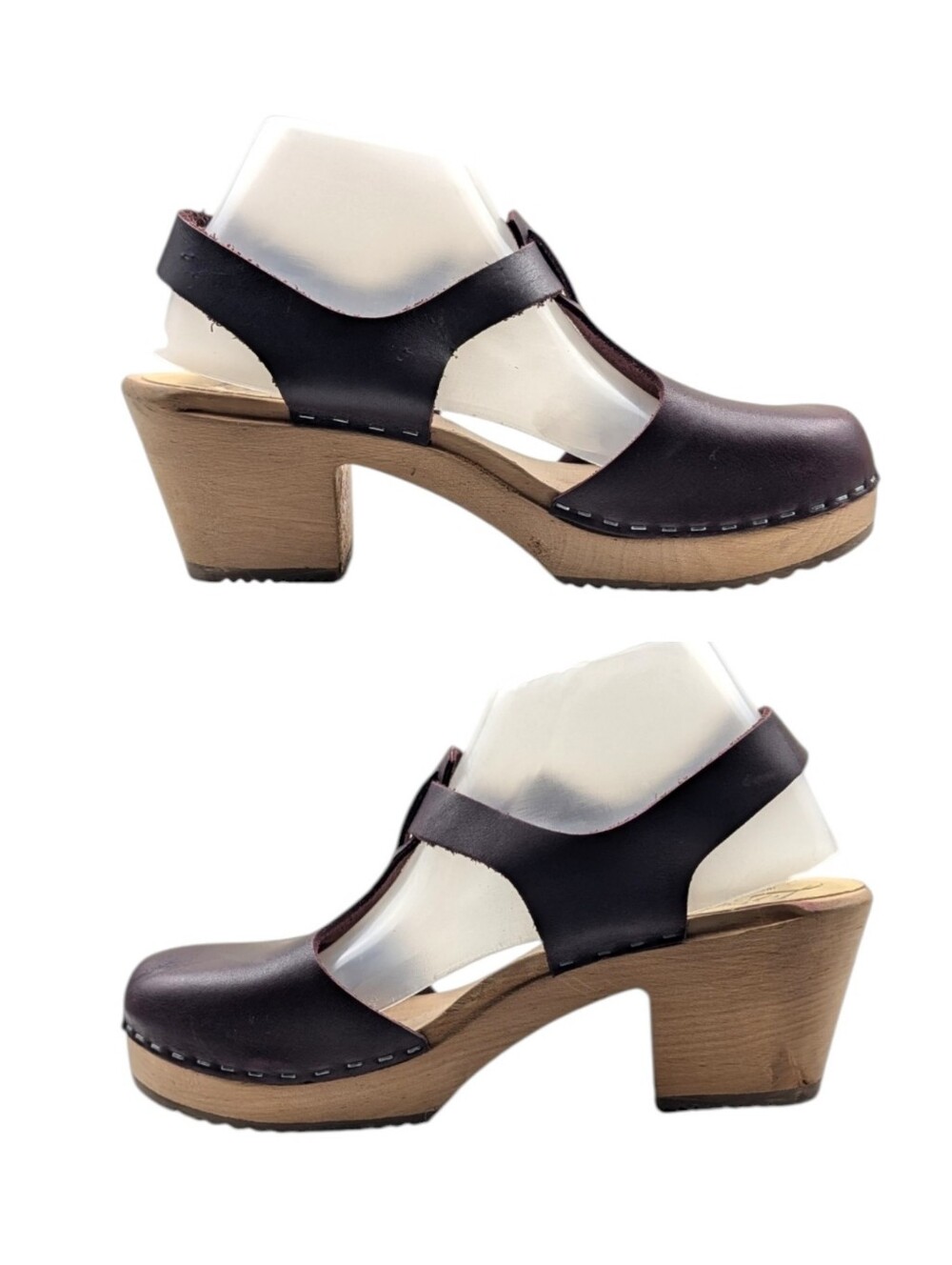 Lotta Stockholm Eggplant Color  Leather T-Strap Wood Clogs EU 41 US 9.5   S4223 - Picture 7 of 13